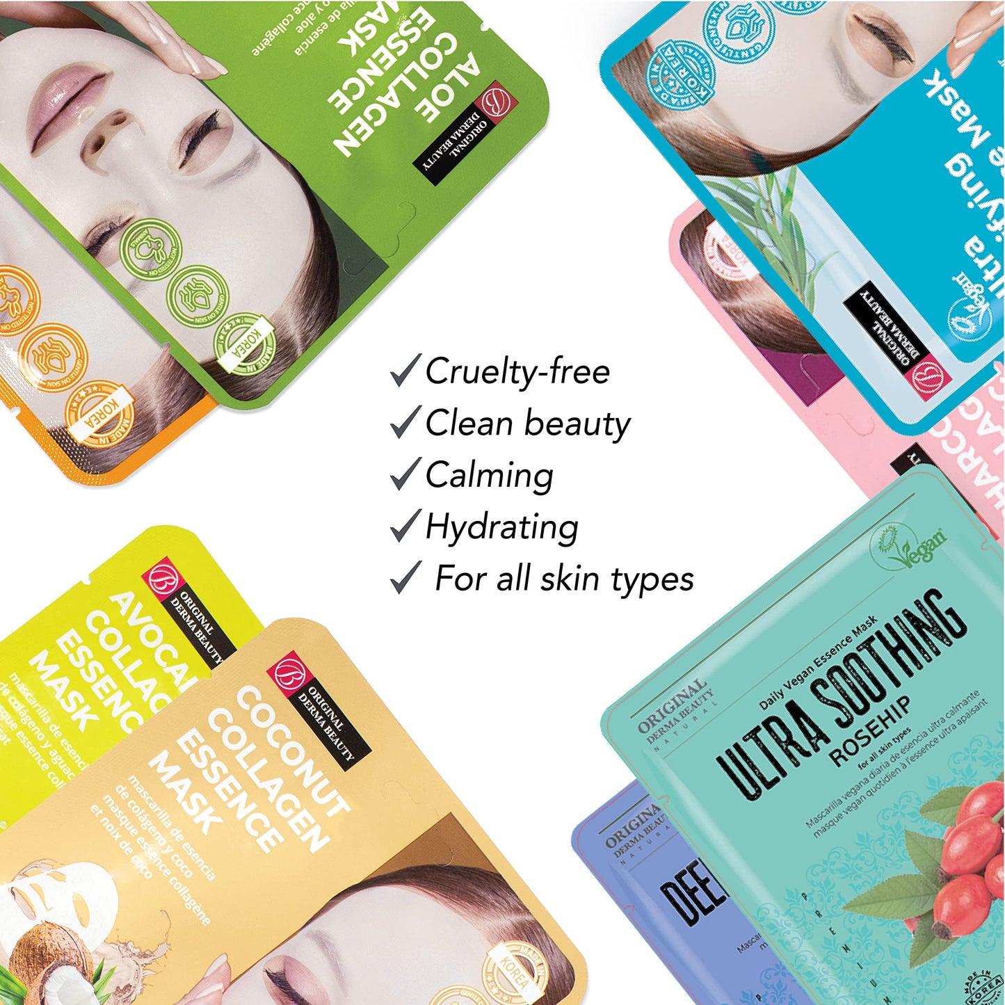 Innerest Original Derma Beauty Collagen Face Masks 12 PK Deep Moisturizing Jojoba Face Mask Skin Care Sheet Masks Set for Beauty & Personal Care Korean Face Mask