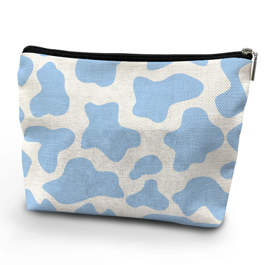 NATSUNO Cow Print Makeup Bag,Cow Cosmetic Bag,Cow Make Up Bag,Blue Makeup Bag,Girls Makeup Bag,Girls Makeup Bag,Makeup For Girls,Cow Lover Gifts,Small Makeup Bag