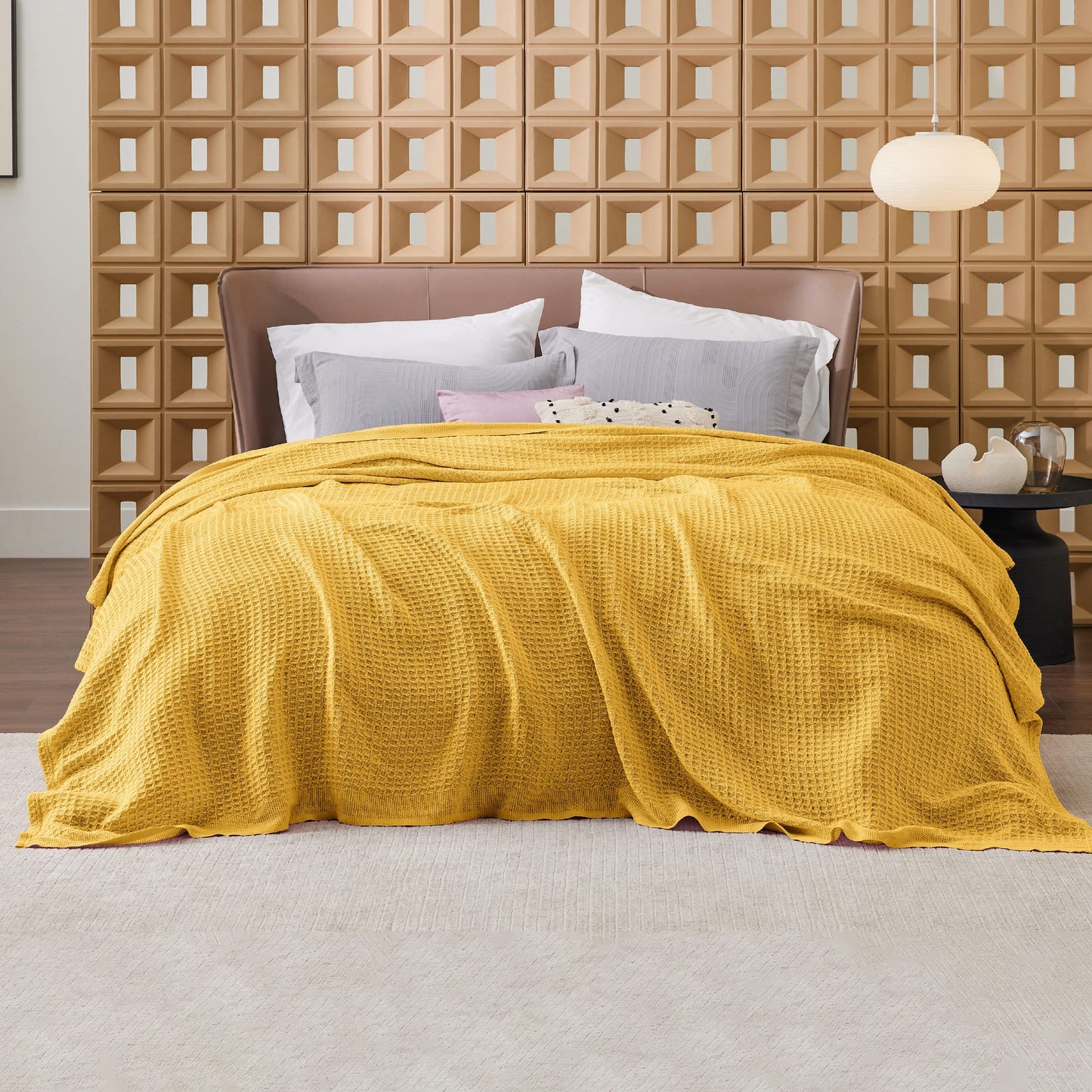 Bedsure 100% Cotton Blankets Queen Size for Bed - Waffle Weave Blankets for Summer, Lightweight and Breathable Soft Woven Blankets for Spring, Mustard Yellow, 90x90 Inches