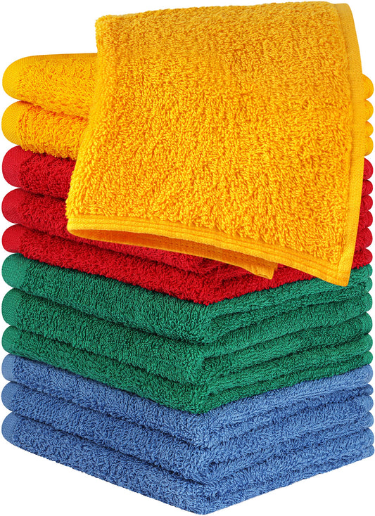 Utopia Towels 12 Pack Cotton Washcloths Set - 100% Ring Spun Cotton, Premium Quality Flannel Face Cloths, Highly Absorbent and Soft Feel Fingertip Towels (Electric Blue, Hunter Green, Red, Mustard)