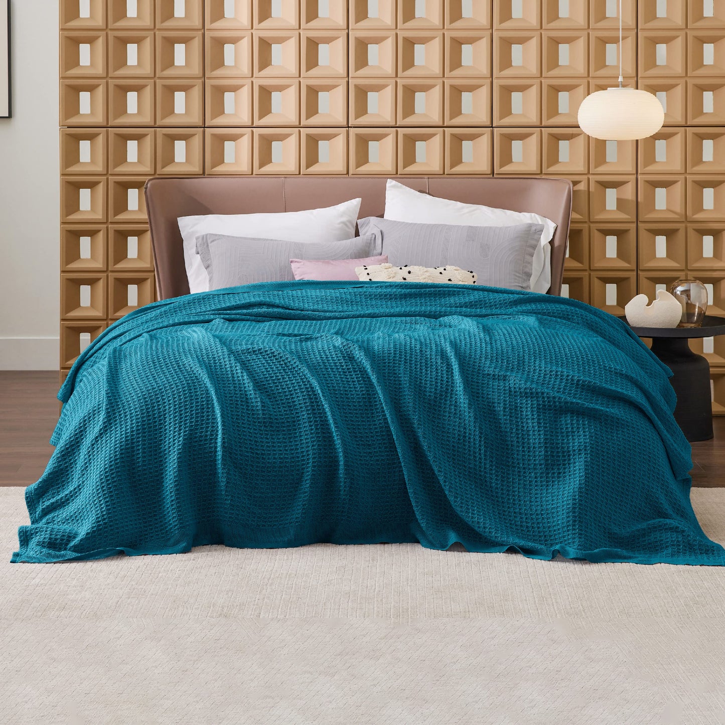 Bedsure 100% Cotton Blankets Twin XL Size for Bed - Waffle Weave Blankets for Summer, Lightweight and Breathable Soft Woven Blankets for Spring, Teal, 66x90 inches