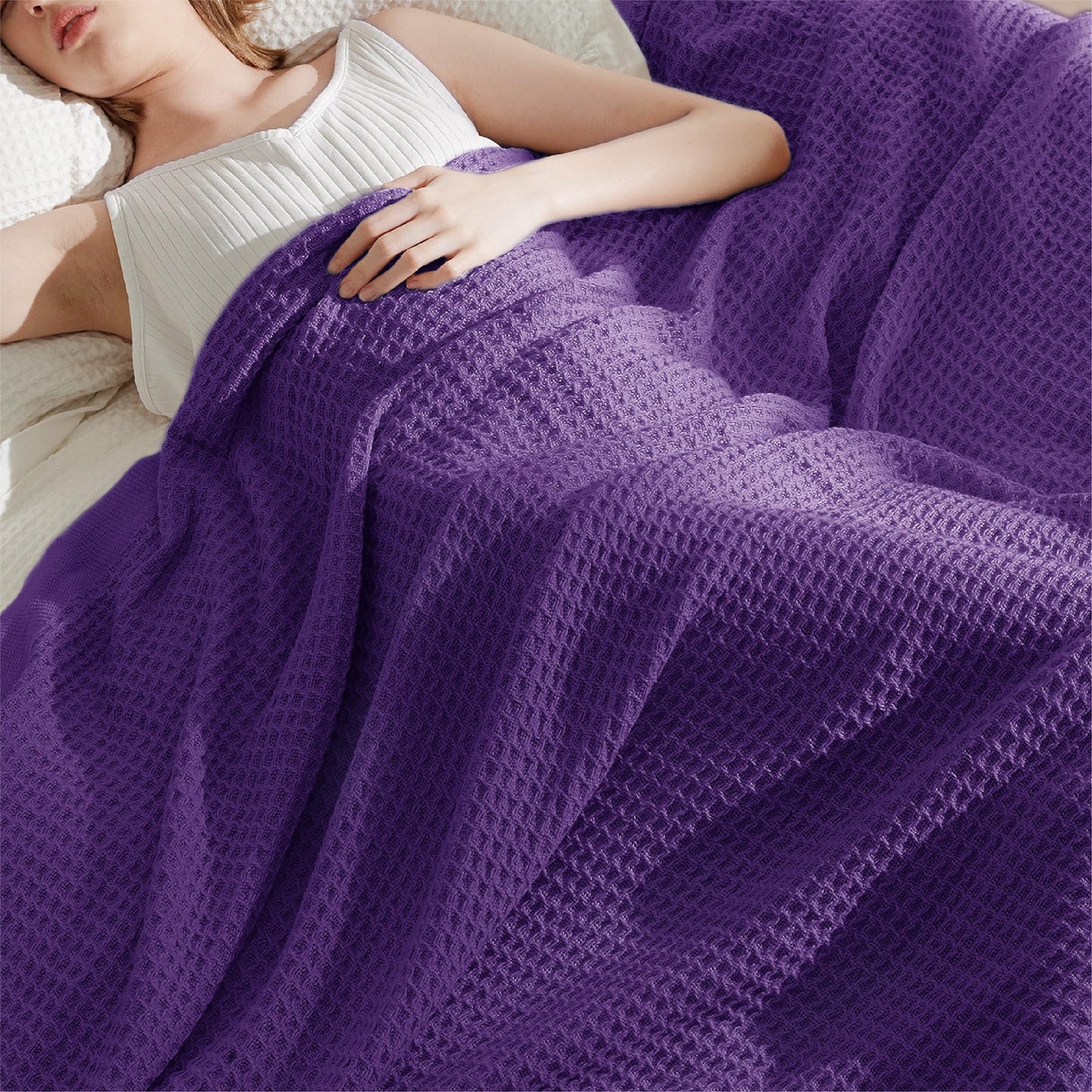 Bedsure 100% Cotton Large Throw Blankets for Couch - Waffle Weave Purple Throw Blankets for Bed, Lightweight and Soft Spring Throw Blankets for Office, 50x70 inches