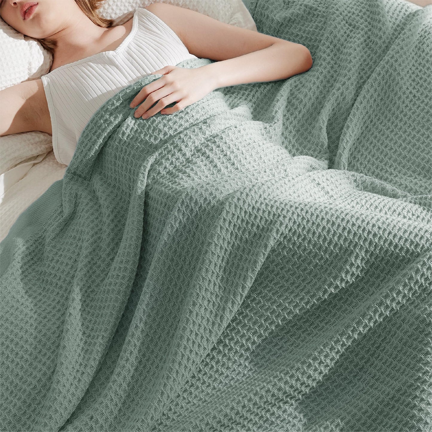 Bedsure 100% Cotton Large Throw Blankets for Couch - Waffle Weave Sage Green Throw Blankets for Bed, Lightweight and Soft Spring Throw Blankets for Office, 50x70 inches